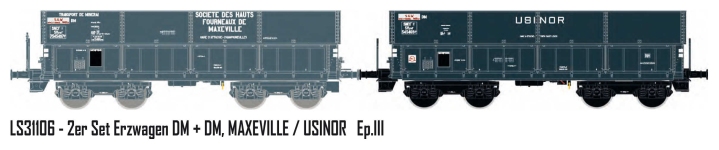 LS Models LS31106 - H0 - 2-tlg. Set Erzwagen Maxeville / USINOR, SNCF, Ep. III